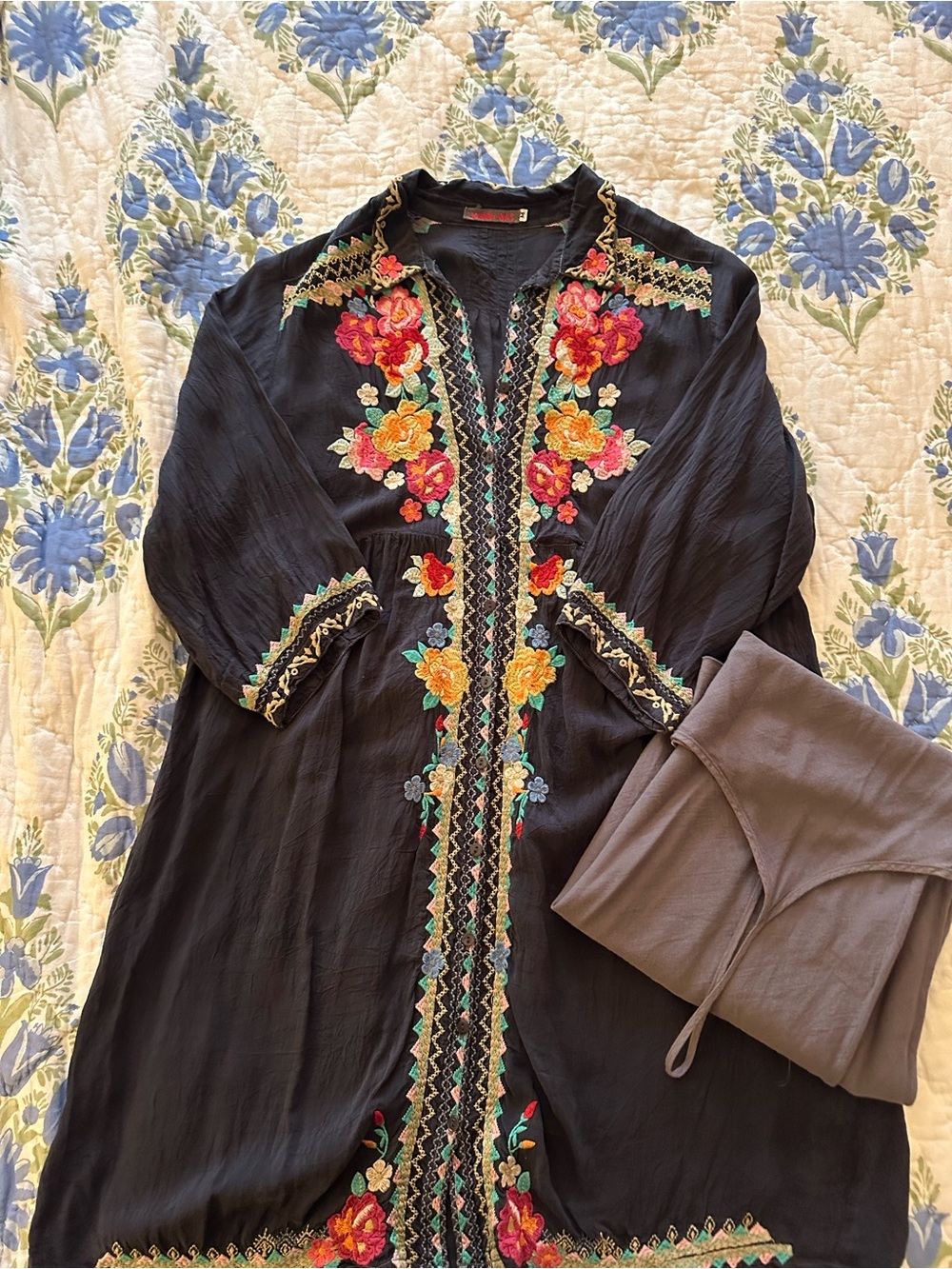 Johnny Was Black Long Sleeve Embroidered Floral Dress